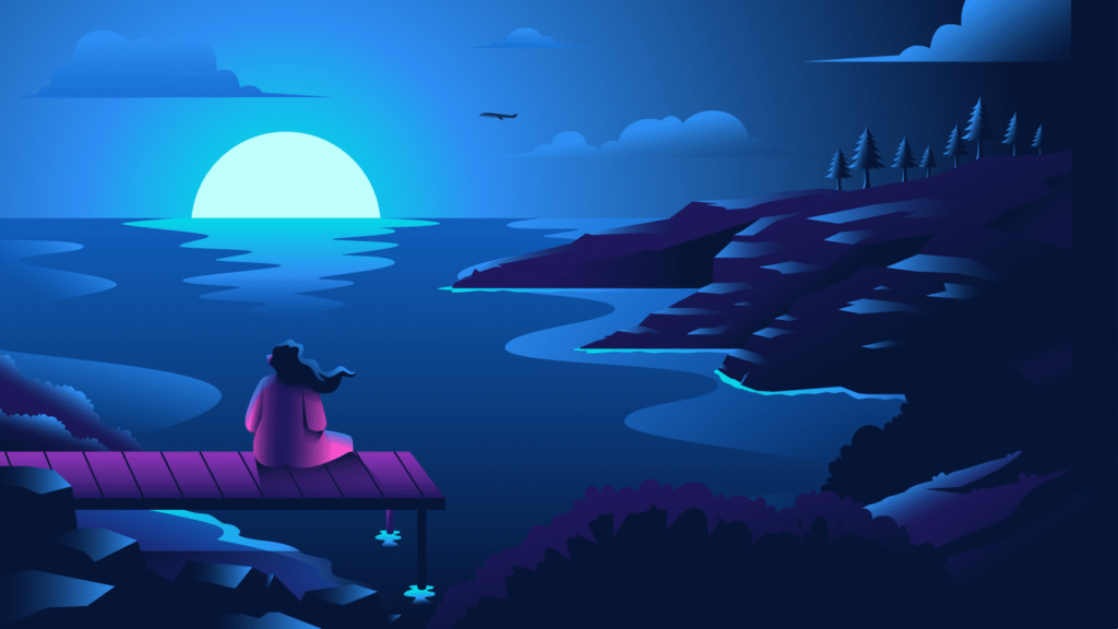 A woman sits on a pier, looking across a body of water at the moon.